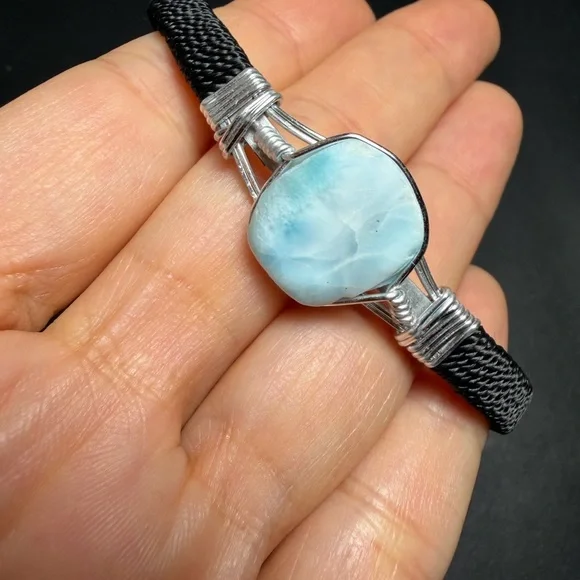 Handmade Natural Larimar Stone & Wire-Wrapped Bracelet - Picture 3 of 11